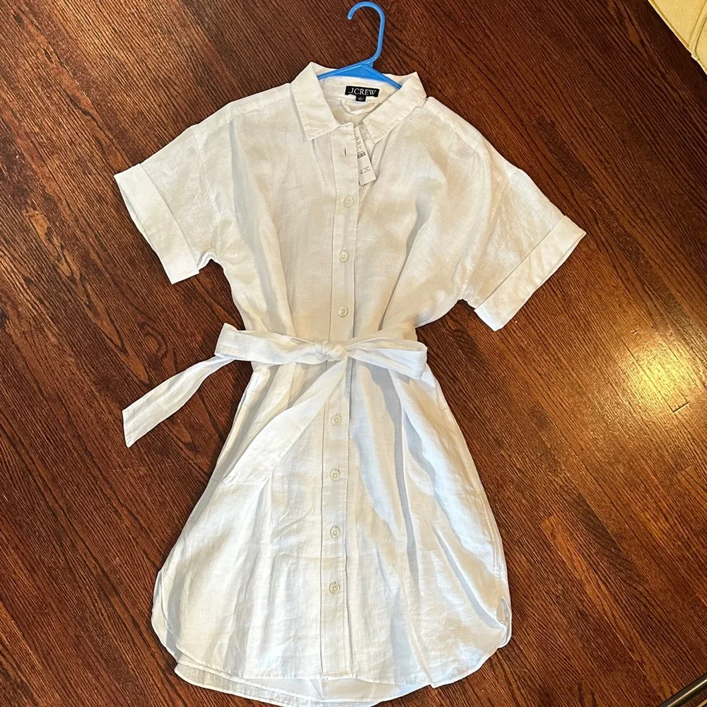 JCrew Linen White Button-Up Shirt Dress with Belt - Picture 1 of 5